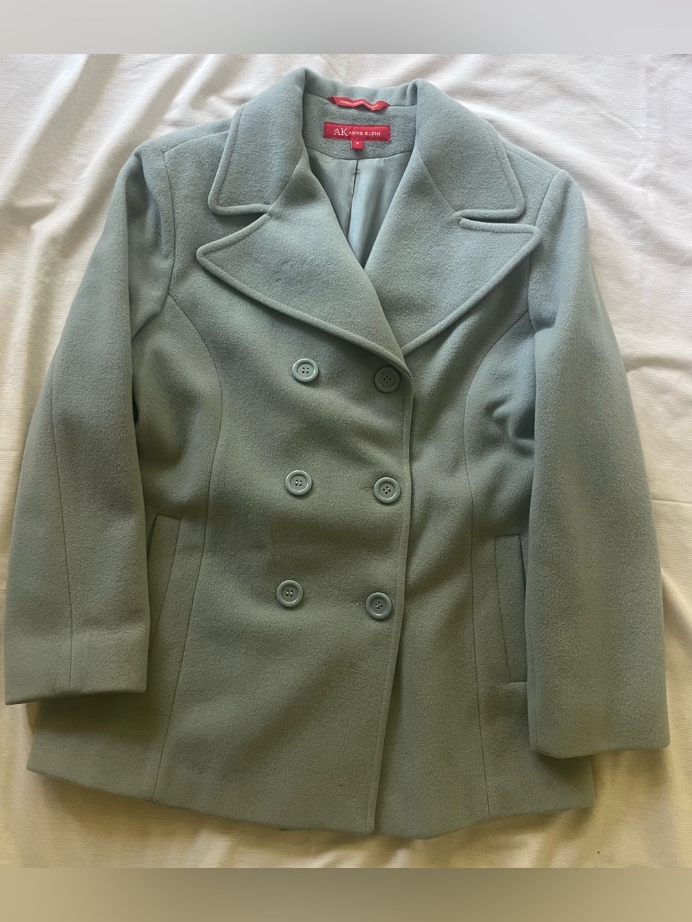 Anne Klein Mint Green Double-Breasted Pea Coat vintage wool Tailored classic